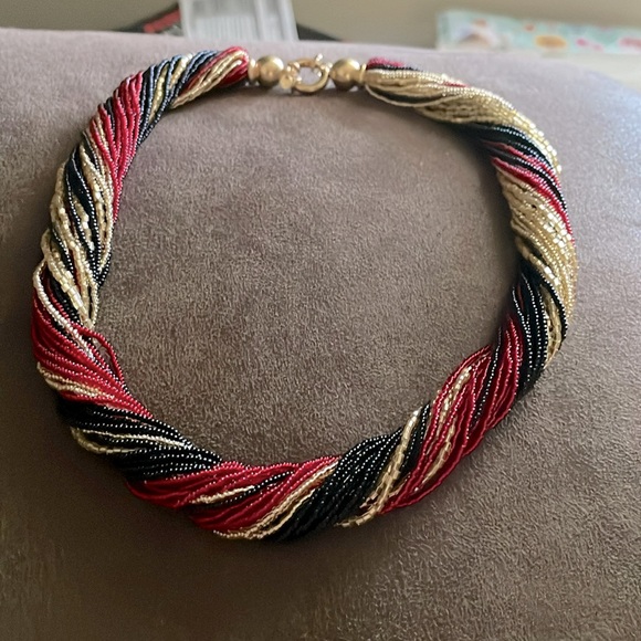 Red, Black and Golden Murano Glass Bead Torsade Necklace - Picture 2 of 16